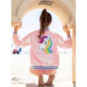 Lola + The Boys Bomber Jacket Girls 10 Pretty In Pink Sequin Unicorn Sparkle